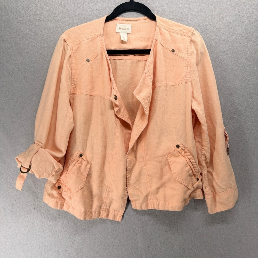 Chicos Size 1 M 8 100% Linen Jacket Womens Peach Roll Tab Sleeve Utility Coastal